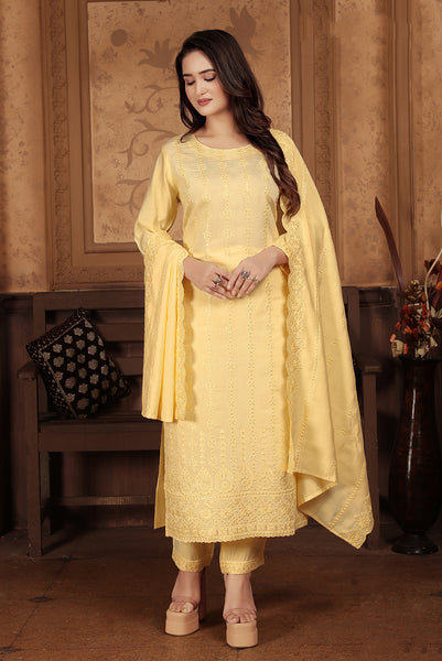 Monjolika Fashion Light Yellow Chanderi With Heavy Sequence Embroidery Classic Suit