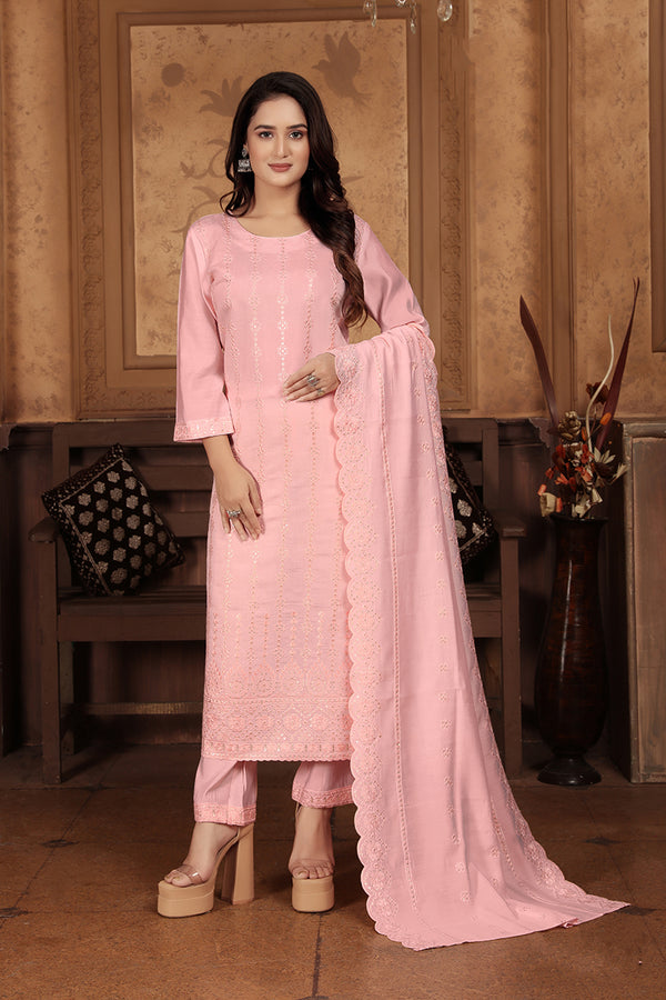 Monjolika Fashion Light Pink Chanderi With Heavy Sequence Embroidery Classic Suit