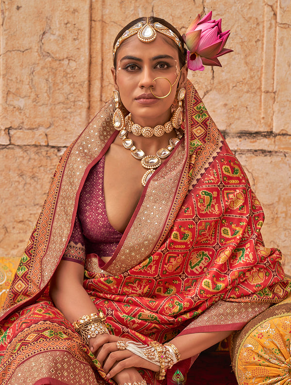 Monjolika Fashion Viscose Silk Red Printed Classic Saree