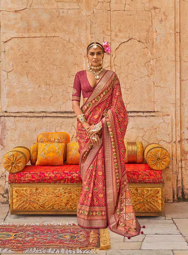 Monjolika Fashion Viscose Silk Red Printed Classic Saree