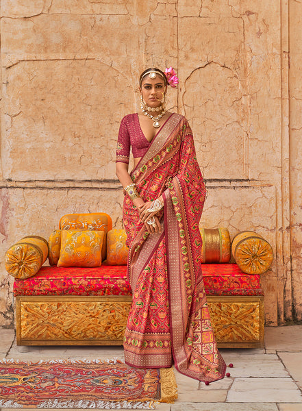Monjolika Fashion Viscose Silk Red Printed Classic Saree