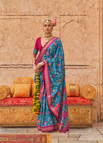 Monjolika Fashion Viscose Silk Blue Printed Classic Saree