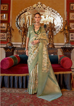 Thumbnail for Monjolika Fashion Cream And Light Green Tussar Silk Digital Print Zari Border Contemporary Saree
