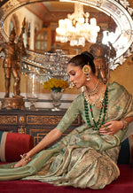 Thumbnail for Monjolika Fashion Cream And Light Green Tussar Silk Digital Print Zari Border Contemporary Saree