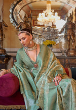 Thumbnail for Monjolika Fashion Cream And Sea Green Tussar Silk Digital Print Zari Border Contemporary Saree