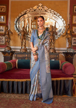Thumbnail for Monjolika Fashion Grey And Blue Tussar Silk Digital Print Zari Border Contemporary Saree