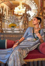 Thumbnail for Monjolika Fashion Grey And Blue Tussar Silk Digital Print Zari Border Contemporary Saree