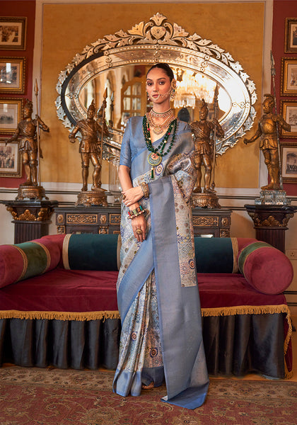 Monjolika Fashion Grey And Blue Tussar Silk Digital Print Zari Border Contemporary Saree