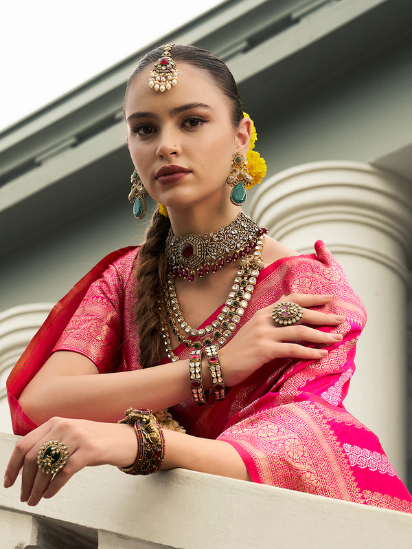 Monjolika Fashion Viscose Silk Rani Pink Weaving Jaal Designer Saree