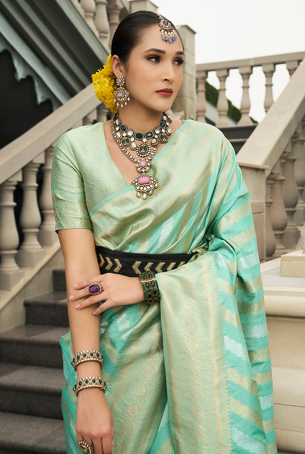 Monjolika Fashion Viscose Silk Turquoise Weaving Jaal Designer Saree