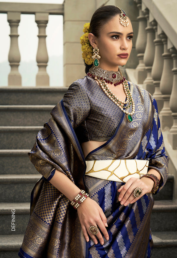 Monjolika Fashion Viscose Silk Navy Blue Weaving Jaal Designer Saree