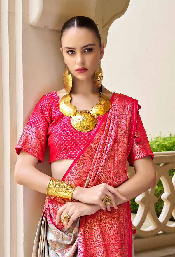 Monjolika Fashion Banarasi Silk Weaving Light Grey Trendy Saree