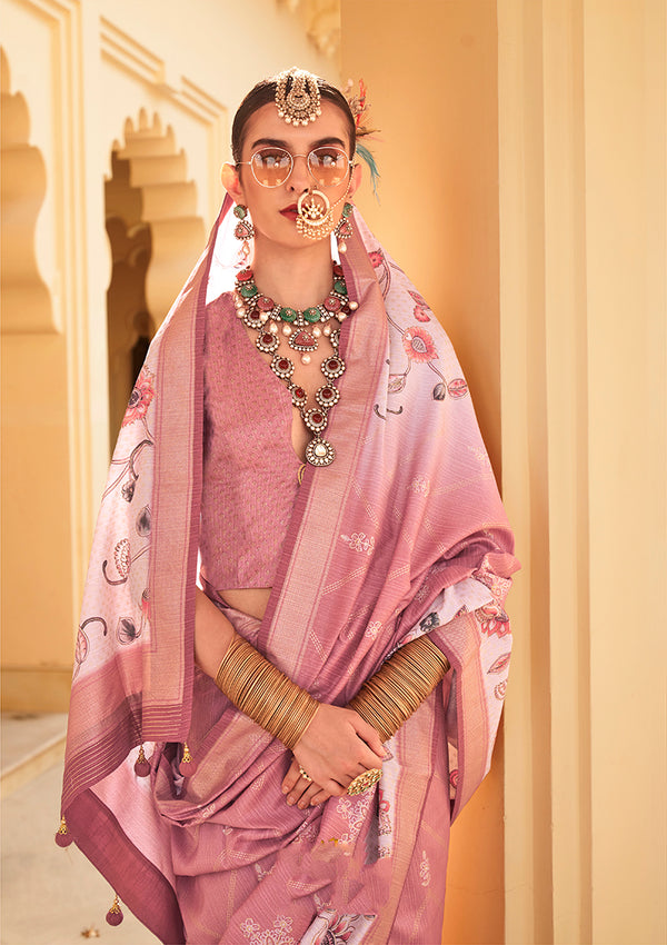 Monjolika Fashion Silk Foil Print Onion Pink Contemporary Saree