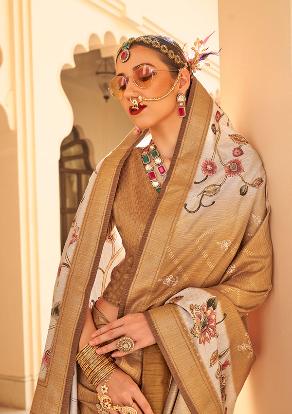 Monjolika Fashion Silk Foil Print Brown Contemporary Saree