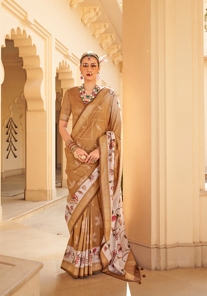 Monjolika Fashion Silk Foil Print Brown Contemporary Saree