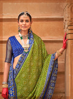 Thumbnail for Monjolika Fashion Olive And Blue Patola Print Silk Ceremonial Trendy Saree