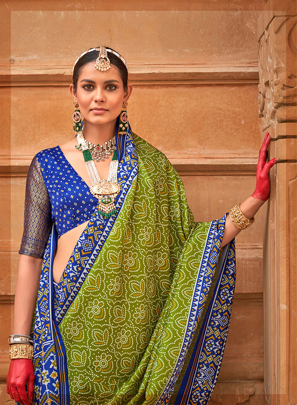 Monjolika Fashion Olive And Blue Patola Print Silk Ceremonial Trendy Saree