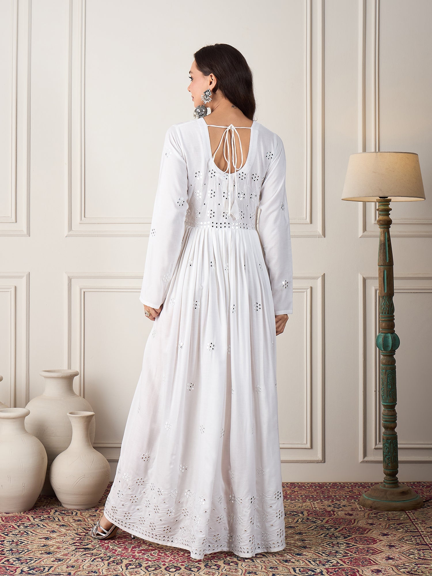InWeave White Mirror Work Long Anarkali Kurta - Distacart