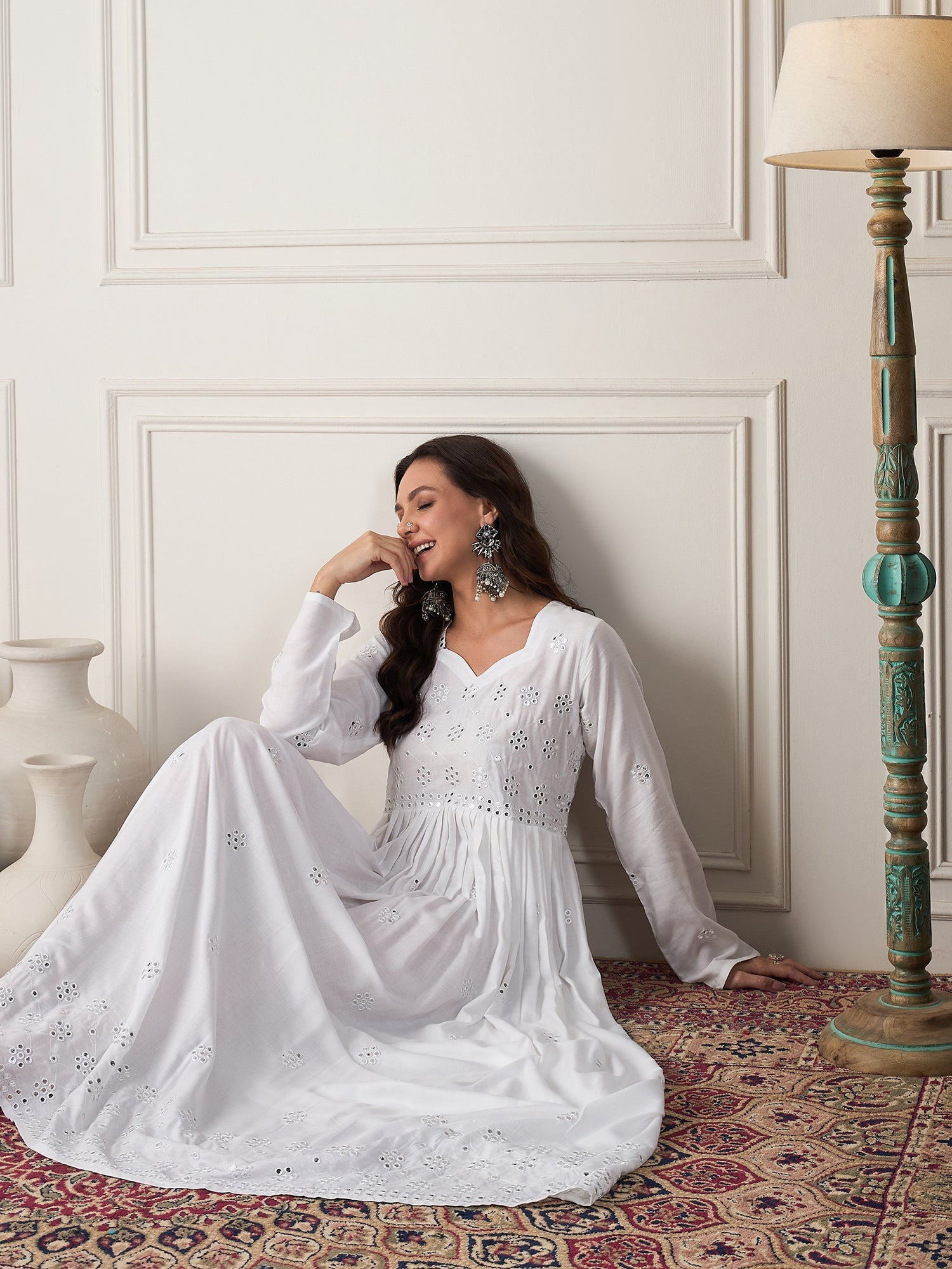 InWeave White Mirror Work Long Anarkali Kurta - Distacart