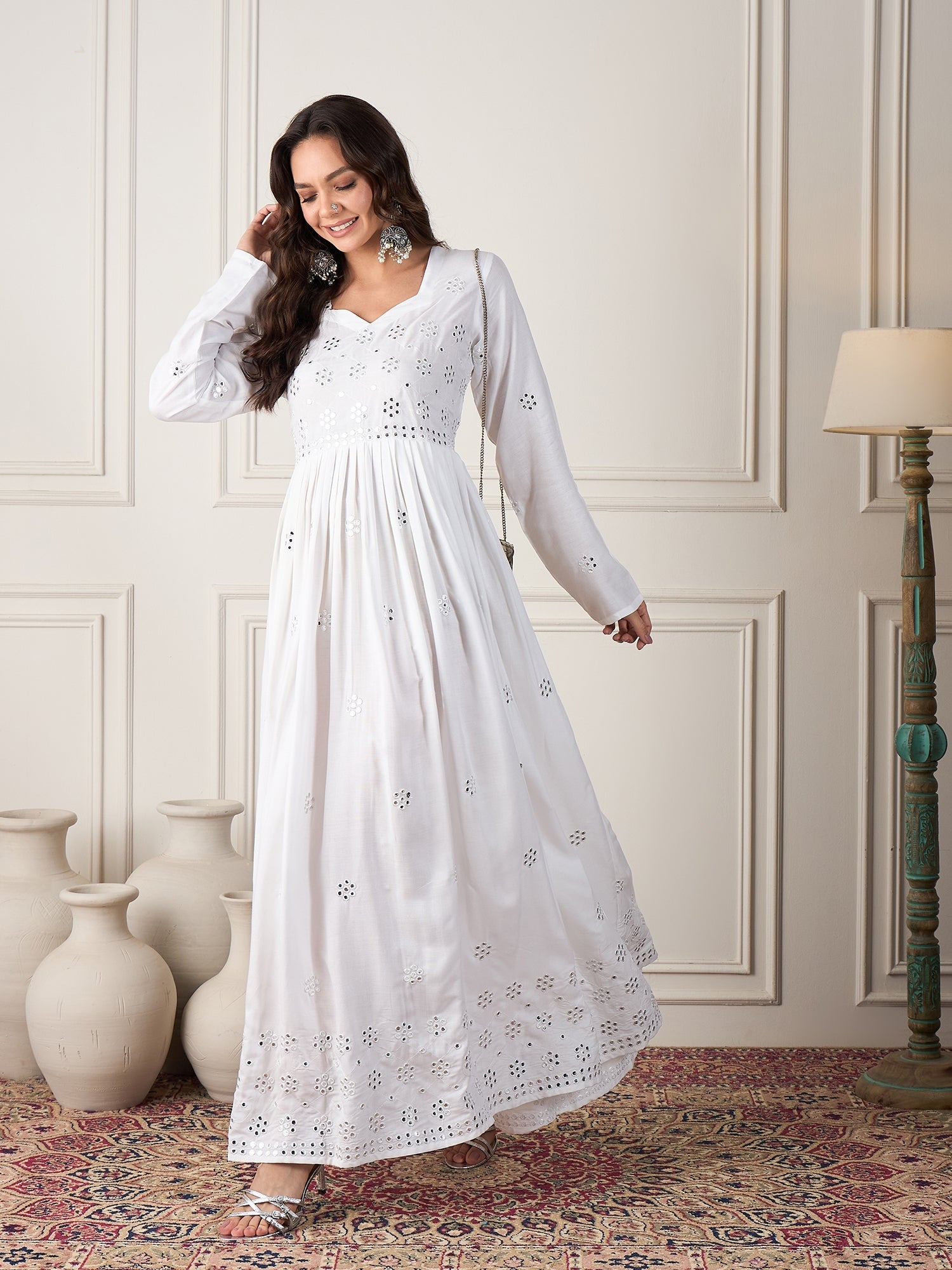 InWeave White Mirror Work Long Anarkali Kurta - Distacart