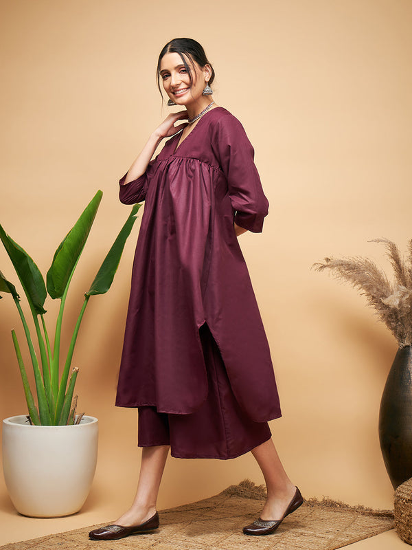 InWeave Wine Solid Flared Kurta - Distacart