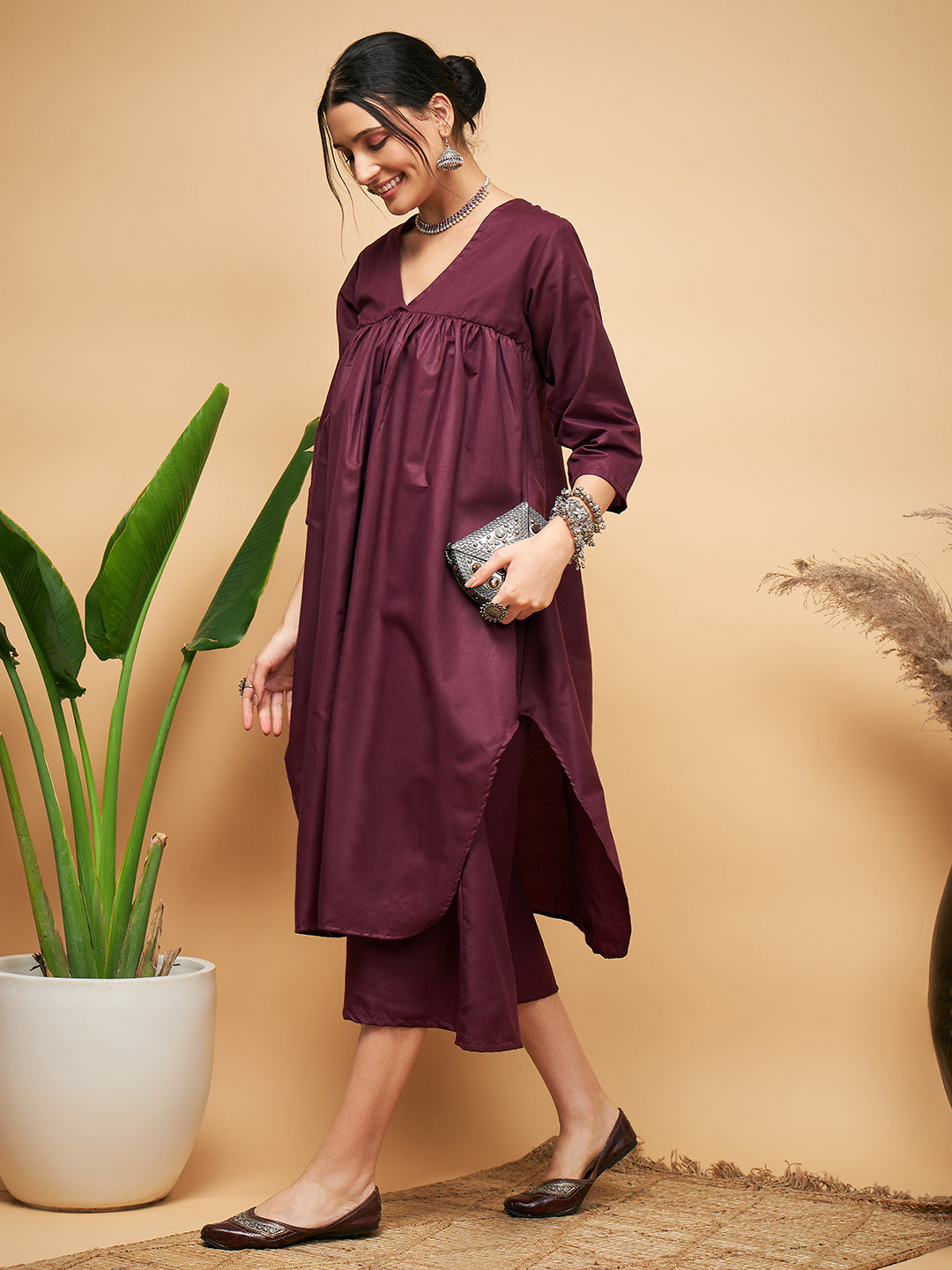 InWeave Wine Solid Flared Kurta - Distacart