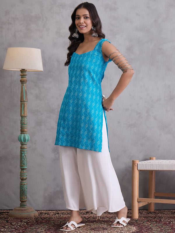 InWeave Cyan Blue Ikkat Kantha Kurta - Distacart