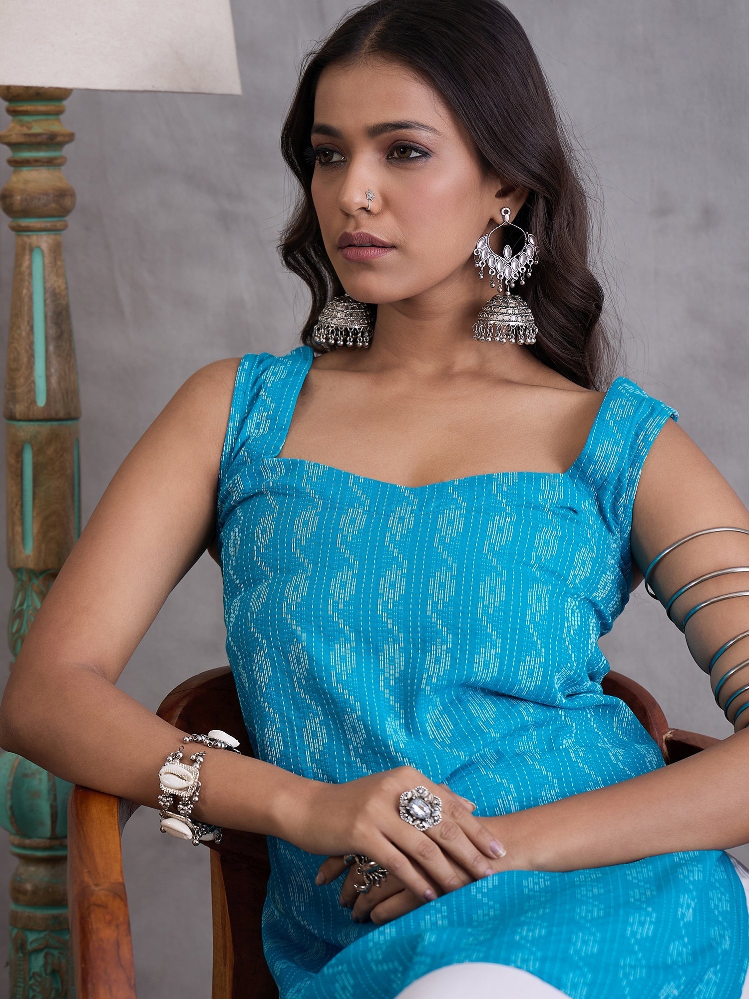 InWeave Cyan Blue Ikkat Kantha Kurta - Distacart