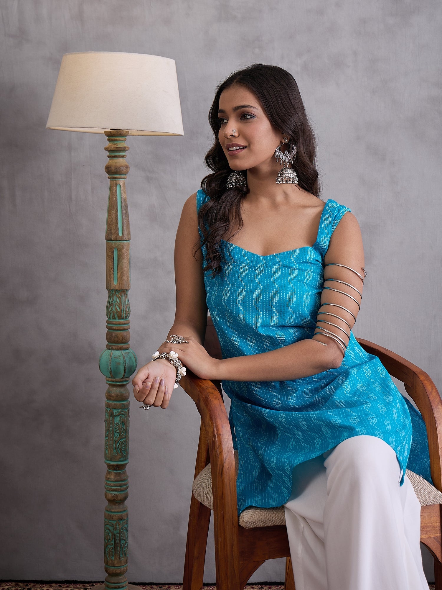 InWeave Cyan Blue Ikkat Kantha Kurta - Distacart