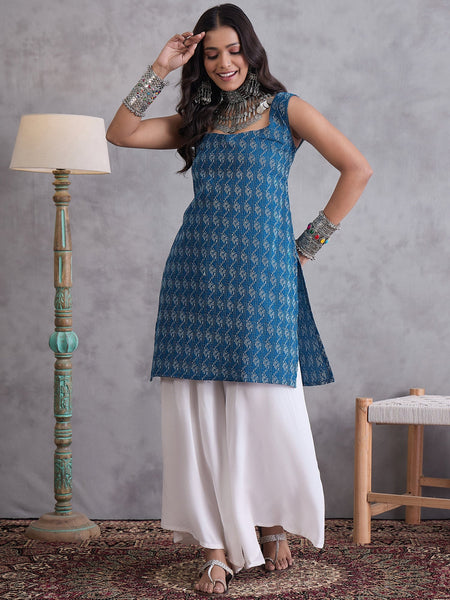 InWeave Blue Ikkat Kantha Kurta - Distacart