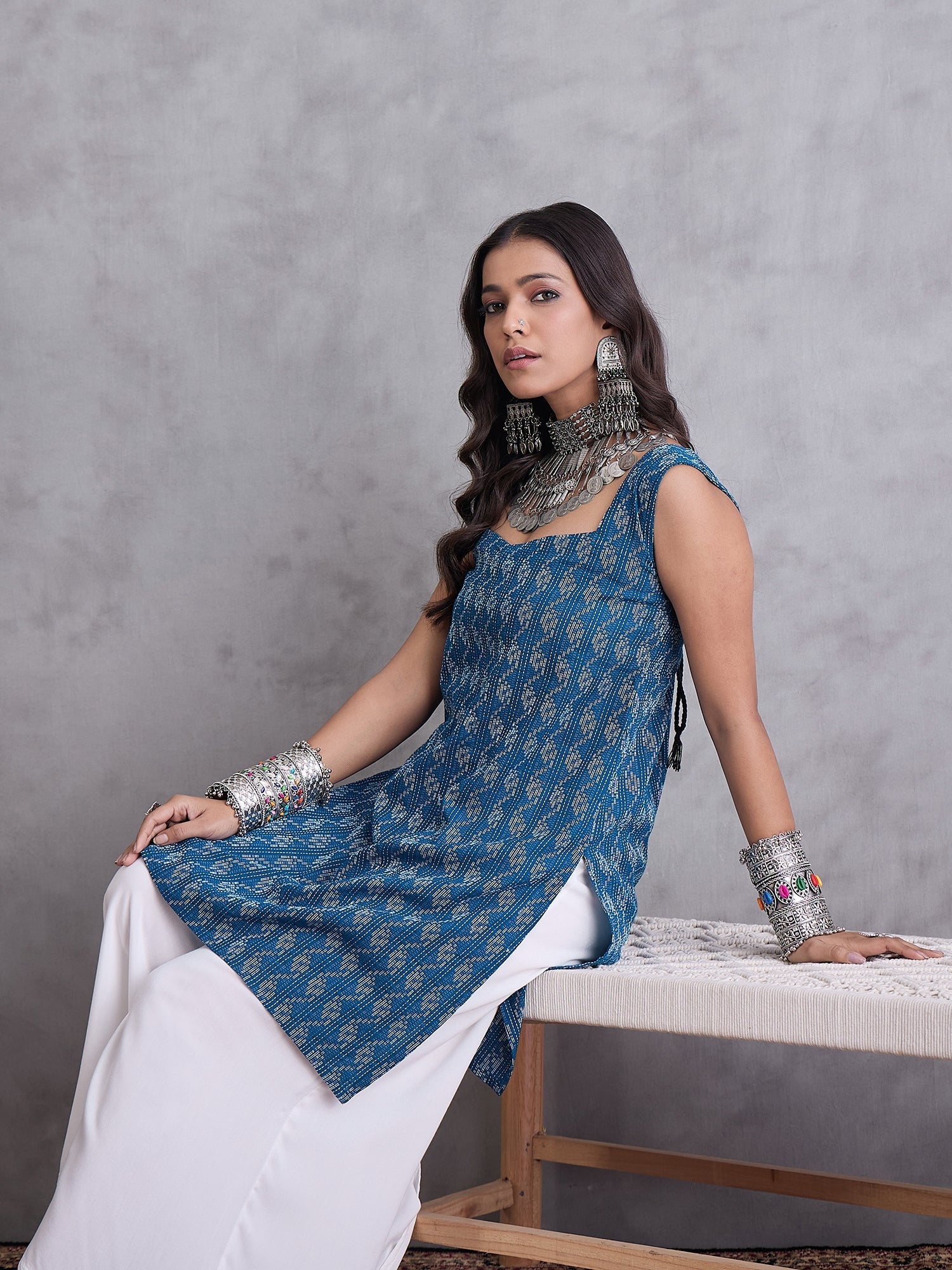 InWeave Blue Ikkat Kantha Kurta - Distacart