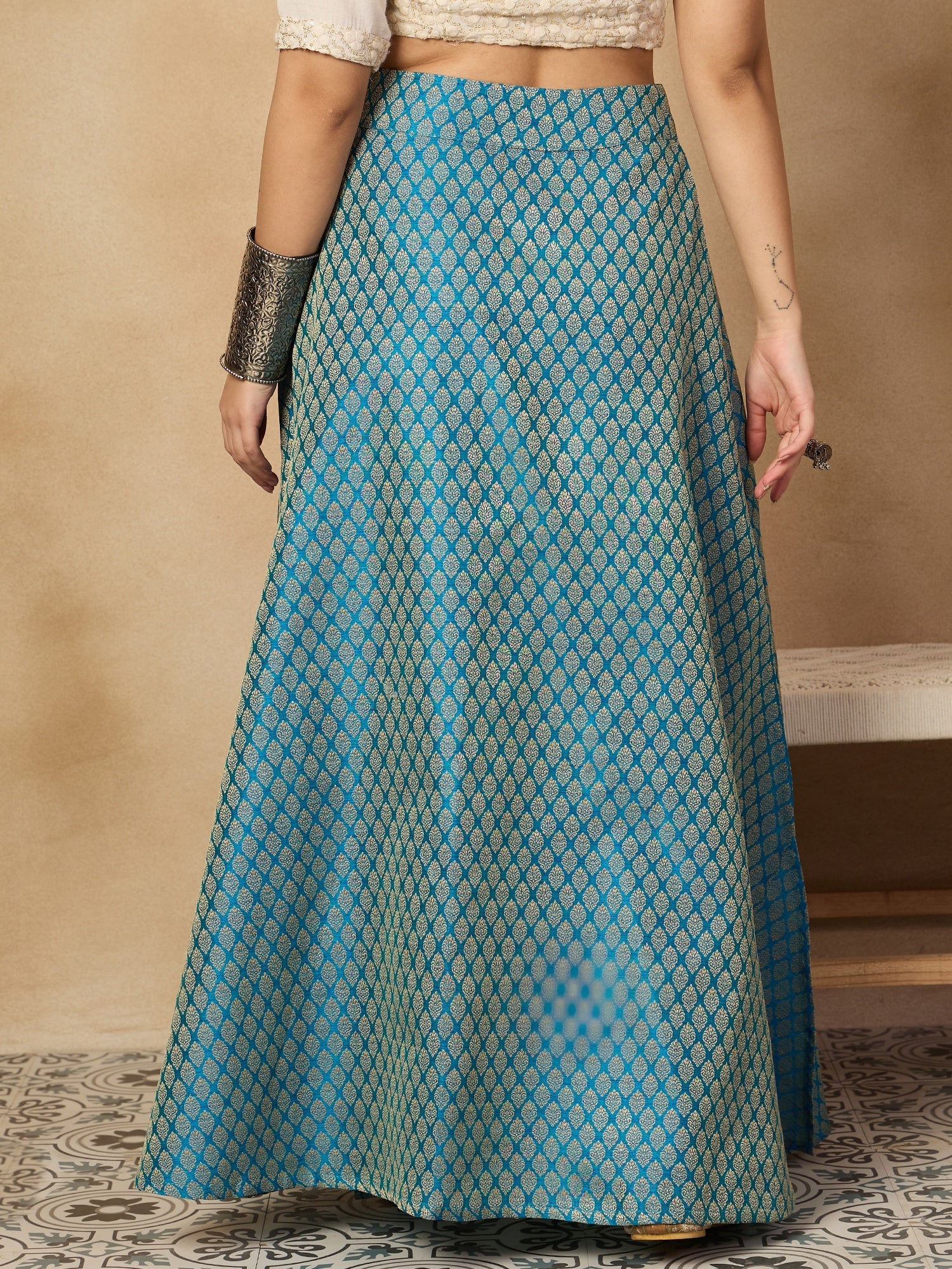 InWeave Maya Blue Brocade Side Slit Skirt - Distacart
