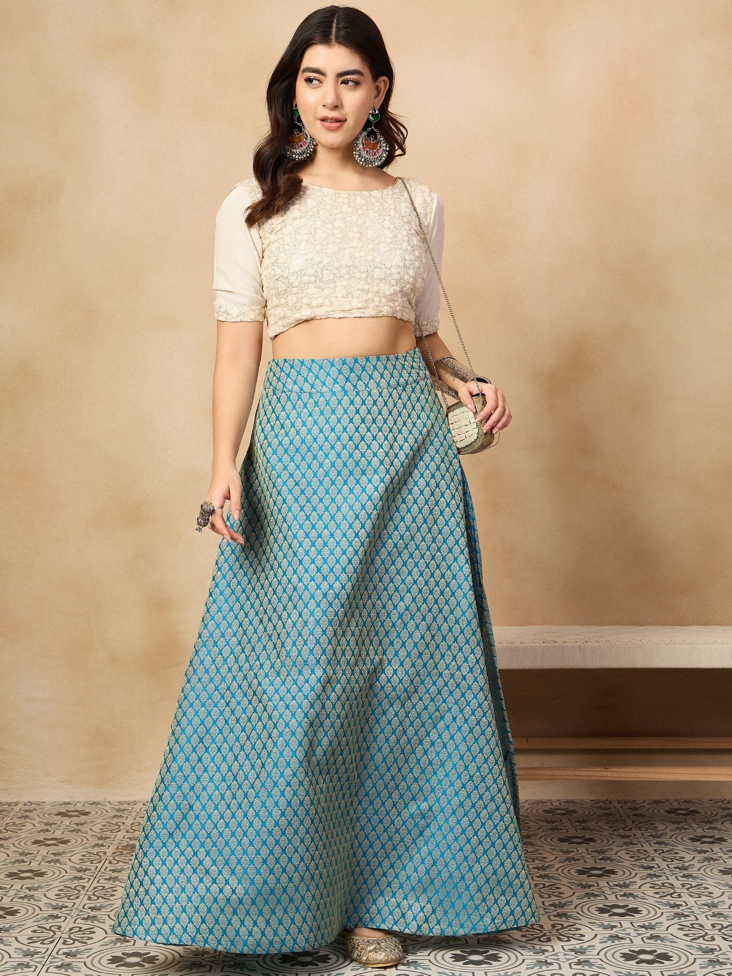 InWeave Maya Blue Brocade Side Slit Skirt - Distacart