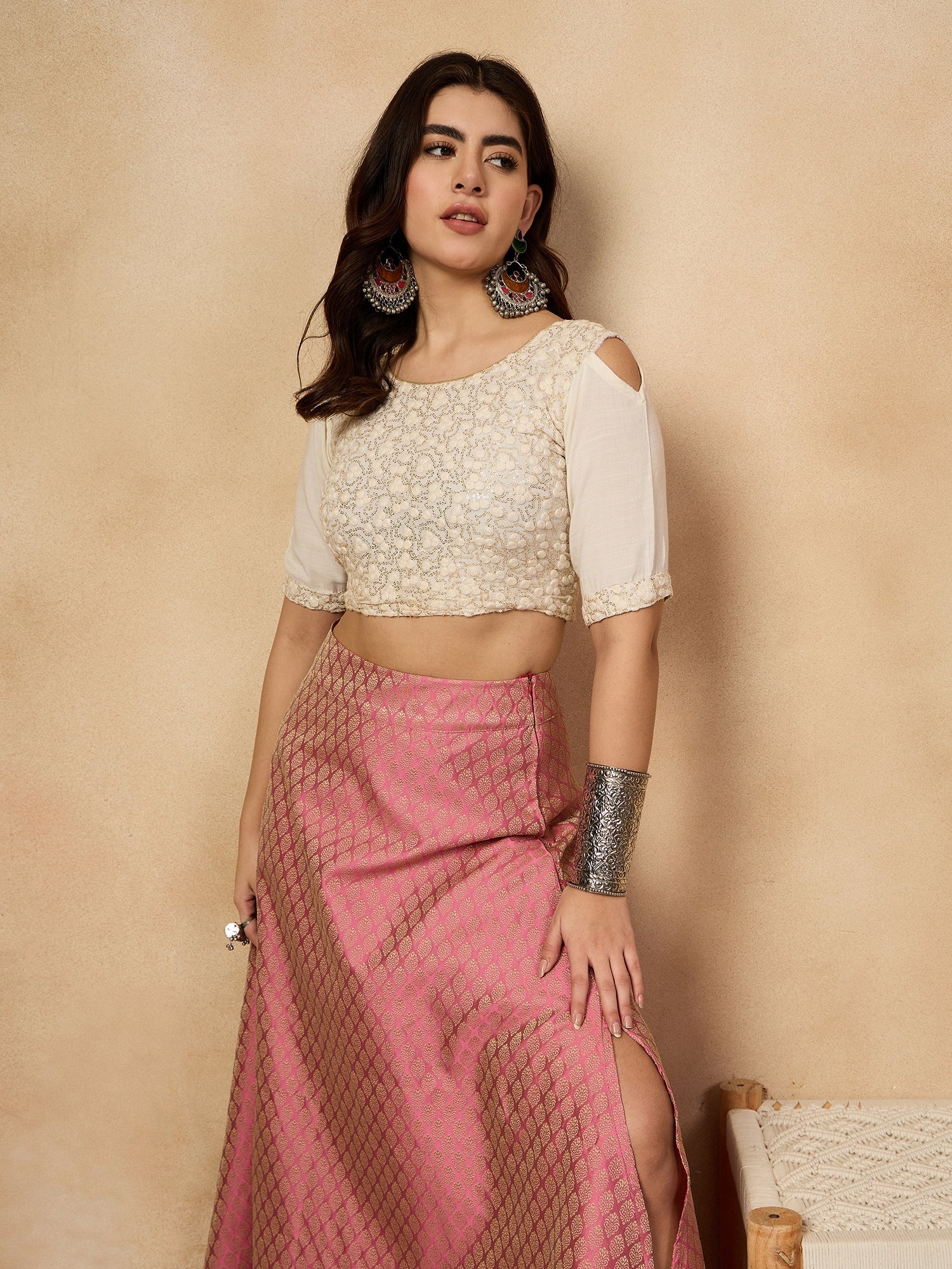 InWeave Light Pink Brocade Side Slit Skirt - Distacart