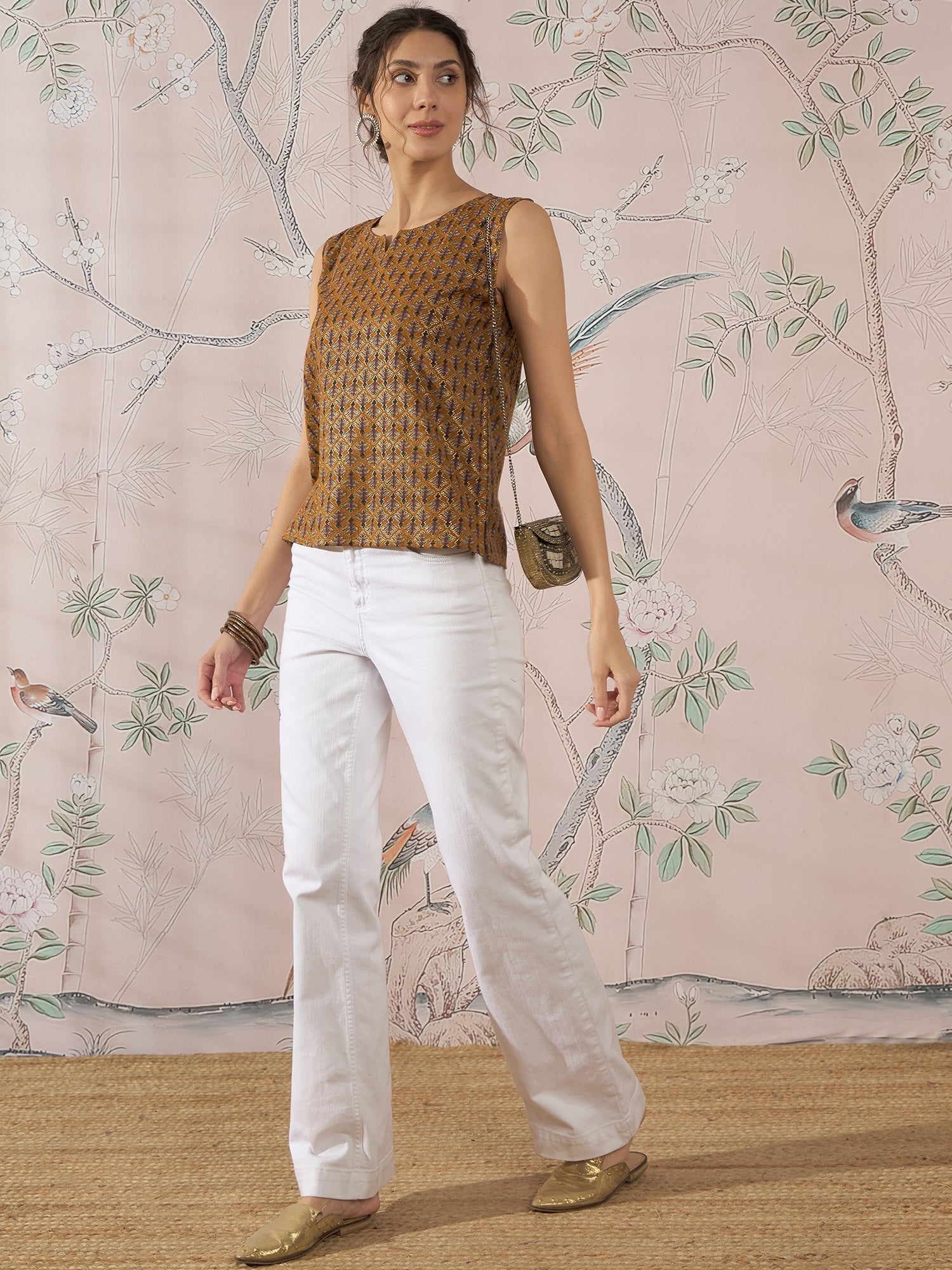 InWeave Mustard Foil Print W/S Top - Distacart