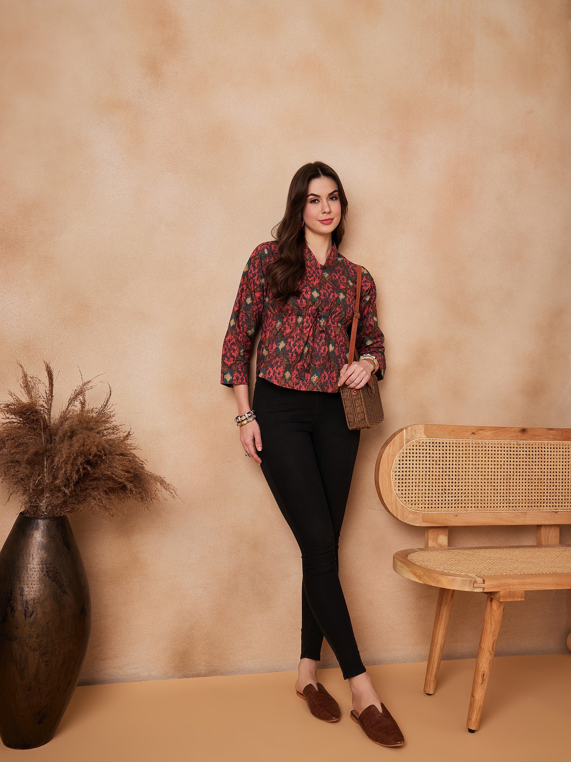 InWeave Coral Red Abstract Printed Shawl Neck Top - Distacart