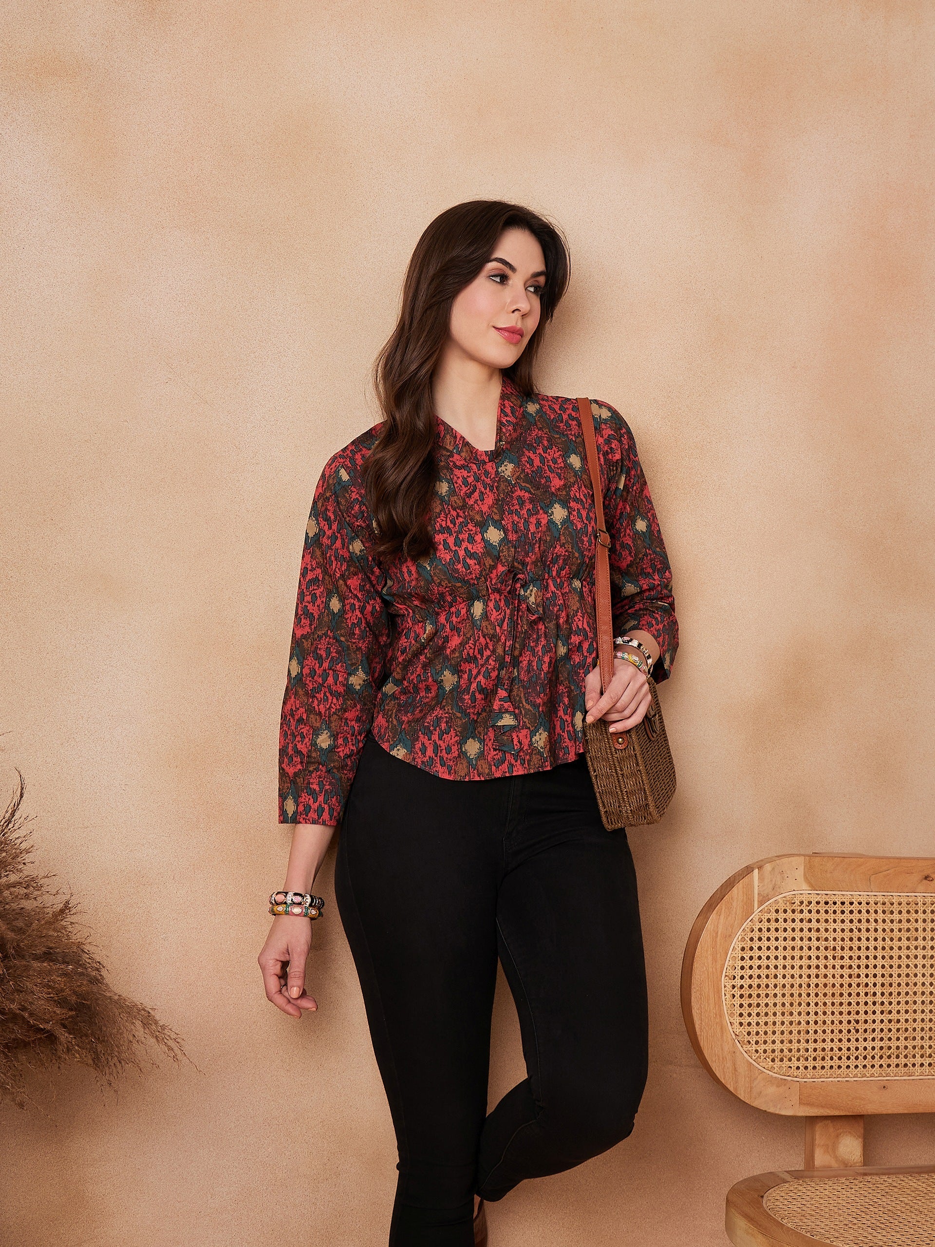 InWeave Coral Red Abstract Printed Shawl Neck Top - Distacart