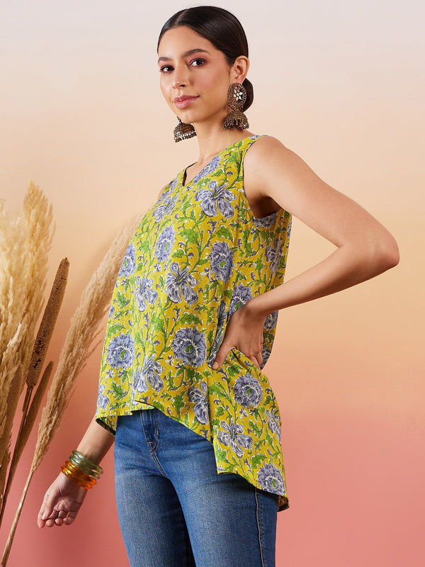 InWeave Sunset Yellow Floral Print V Neck W/S Top - Distacart