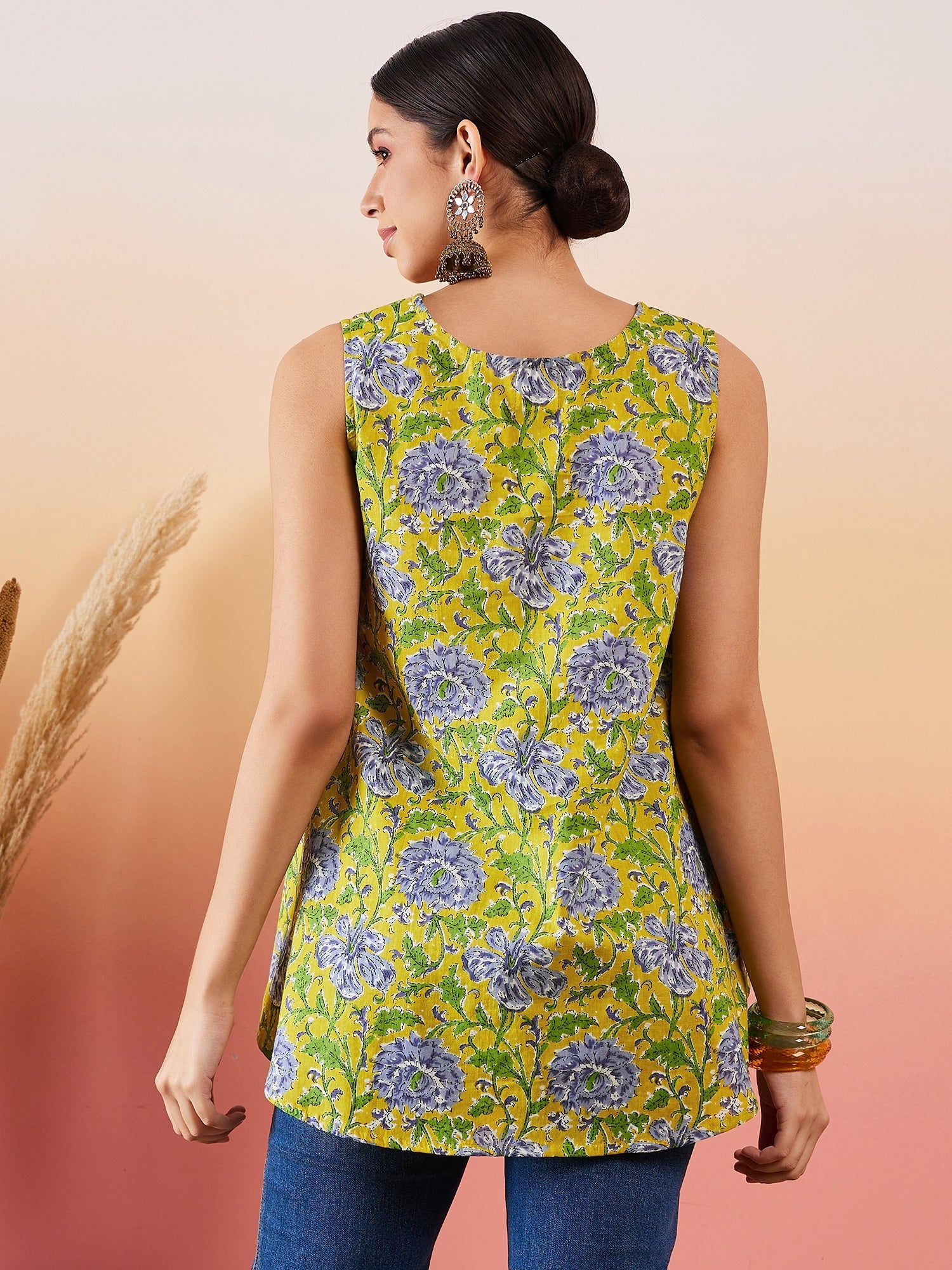 InWeave Sunset Yellow Floral Print V Neck W/S Top - Distacart