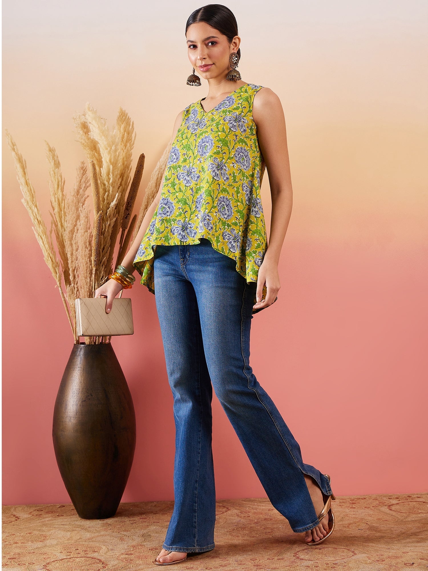 InWeave Sunset Yellow Floral Print V Neck W/S Top - Distacart