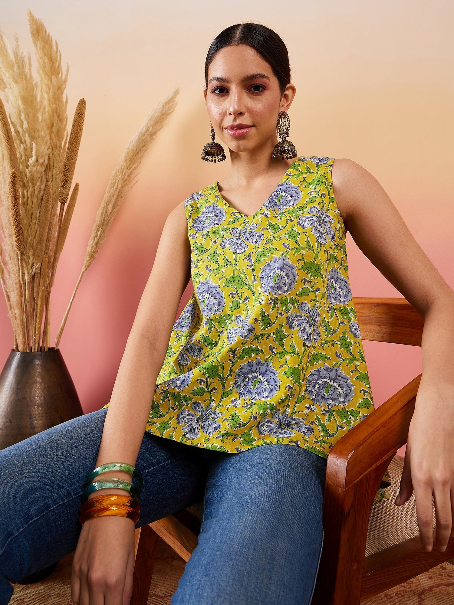 InWeave Sunset Yellow Floral Print V Neck W/S Top - Distacart