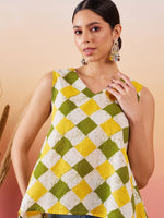 Thumbnail for InWeave Yellow Green Geometric Print Kantha V Neck W/S Top - Distacart