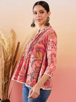 Thumbnail for InWeave Peach Floral Print Front Pintex Lace Top - Distacart
