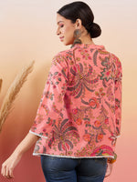 Thumbnail for InWeave Peach Floral Print Front Pintex Lace Top - Distacart
