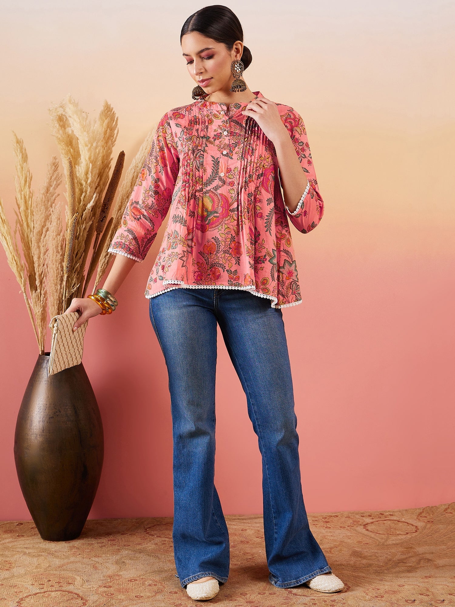 InWeave Peach Floral Print Front Pintex Lace Top - Distacart