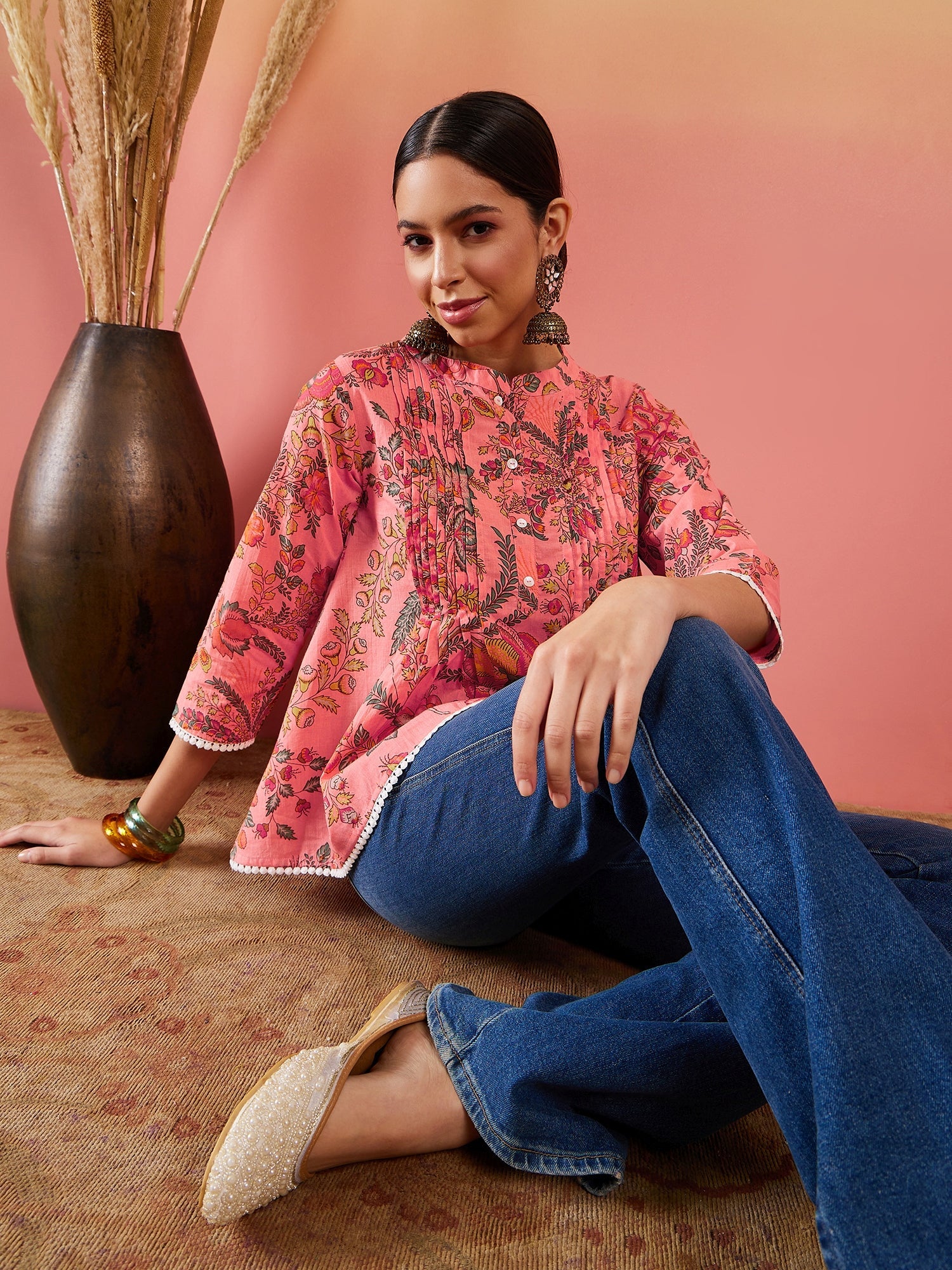 InWeave Peach Floral Print Front Pintex Lace Top - Distacart