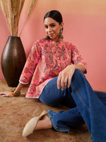 Thumbnail for InWeave Peach Floral Print Front Pintex Lace Top - Distacart