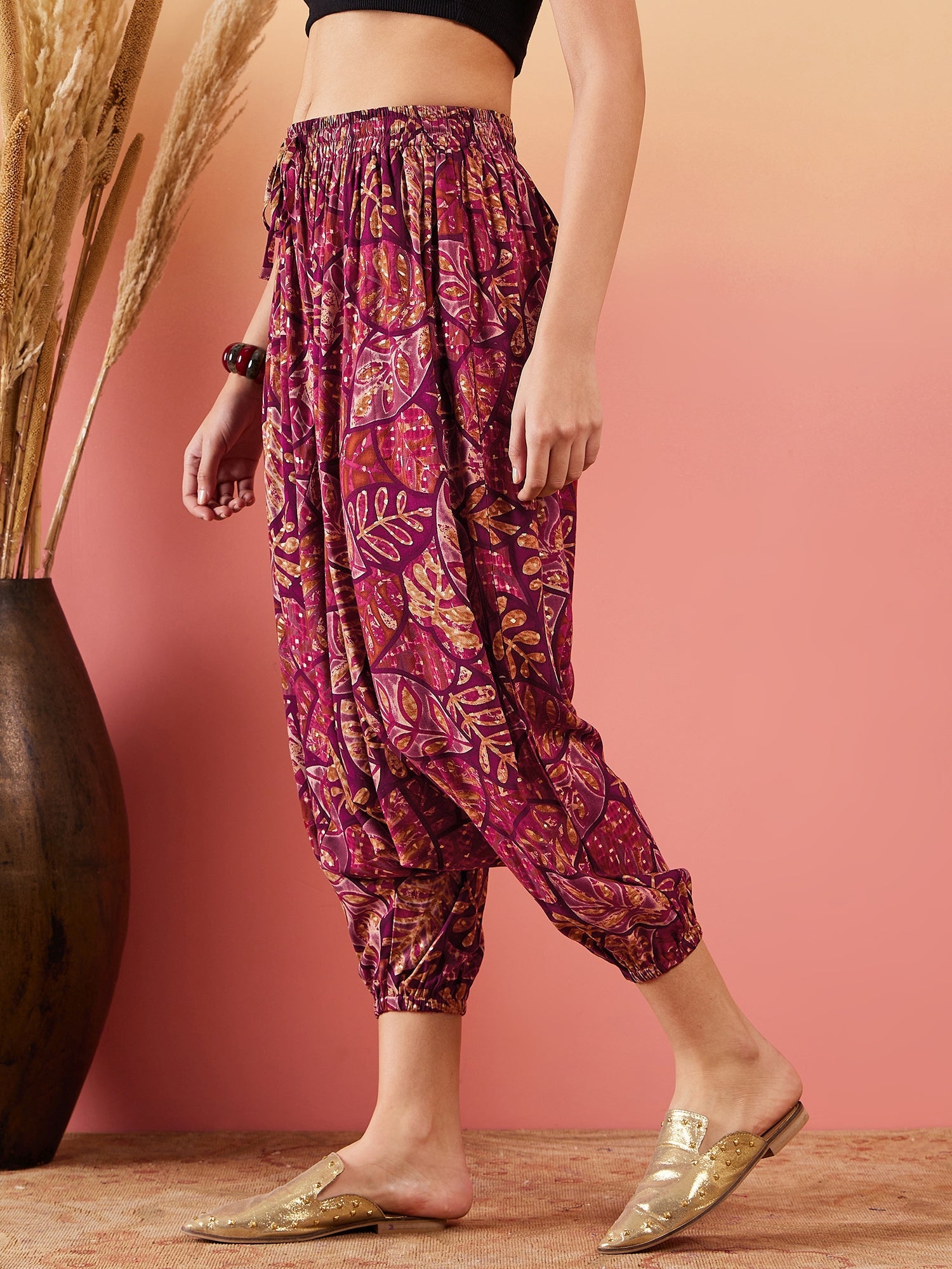 InWeave Wine Maroon Leaf Print Foil Harem Pant - Distacart