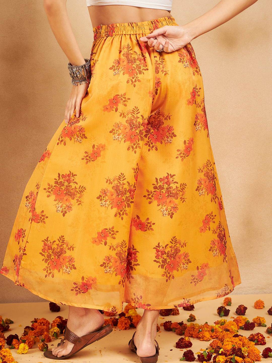 InWeave Mustard Rose Printed Organza Palazzo - Distacart