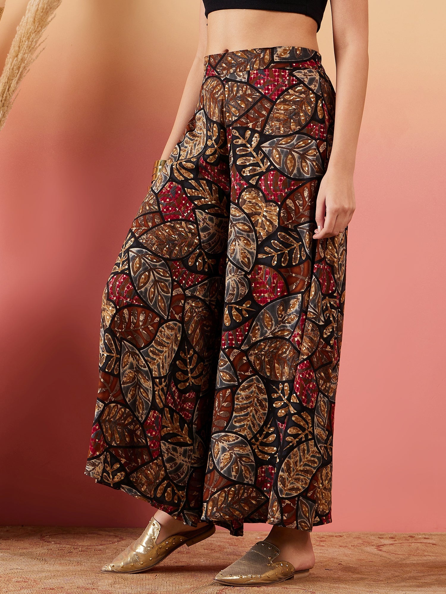 InWeave Black Grey Leaf Print Foil Palazzo - Distacart